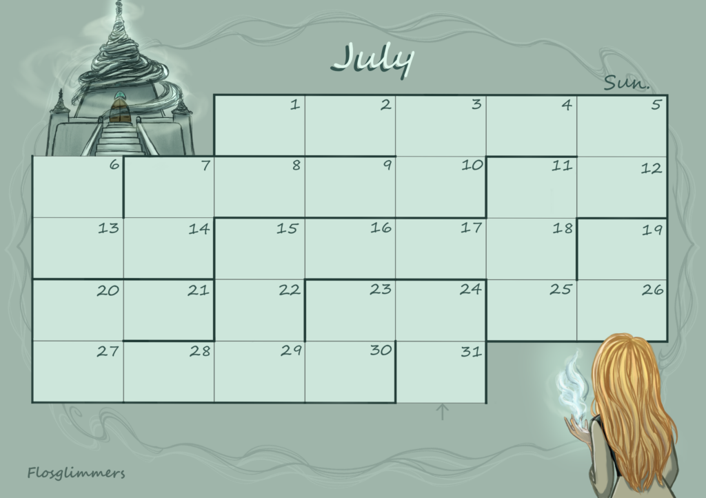 Calendrier de juillet et présentation de mon premier livre calendrier juillet 2026 final eng3